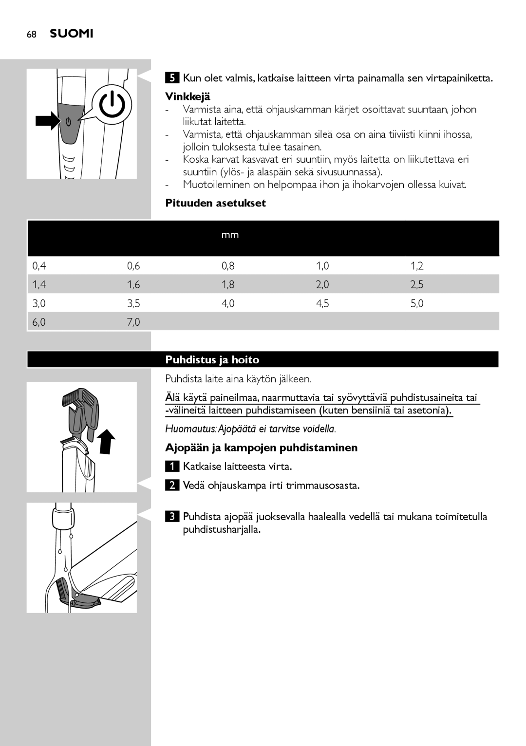 Philips BT9290, BT9280 user manual Vinkkejä, Pituuden asetukset, Puhdistus ja hoito, Puhdista laite aina käytön jälkeen 