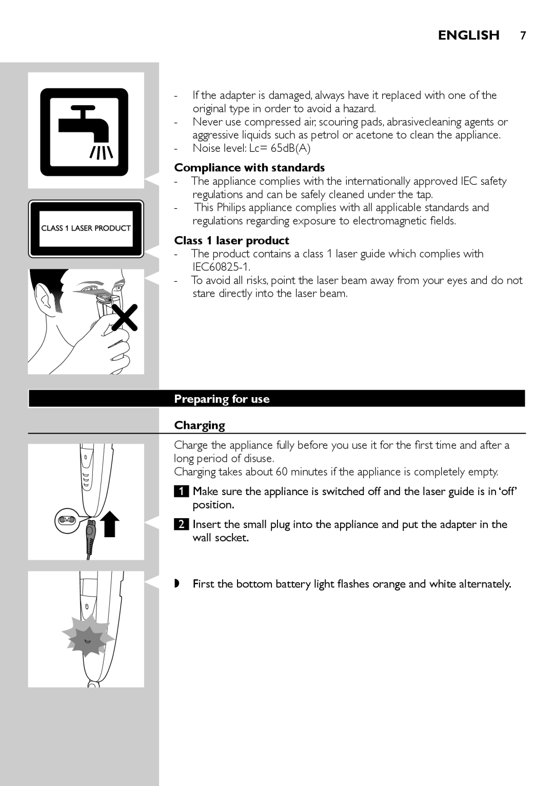 Philips BT9280, BT9290 user manual English, Compliance with standards, Class 1 laser product, Preparing for use, Charging 