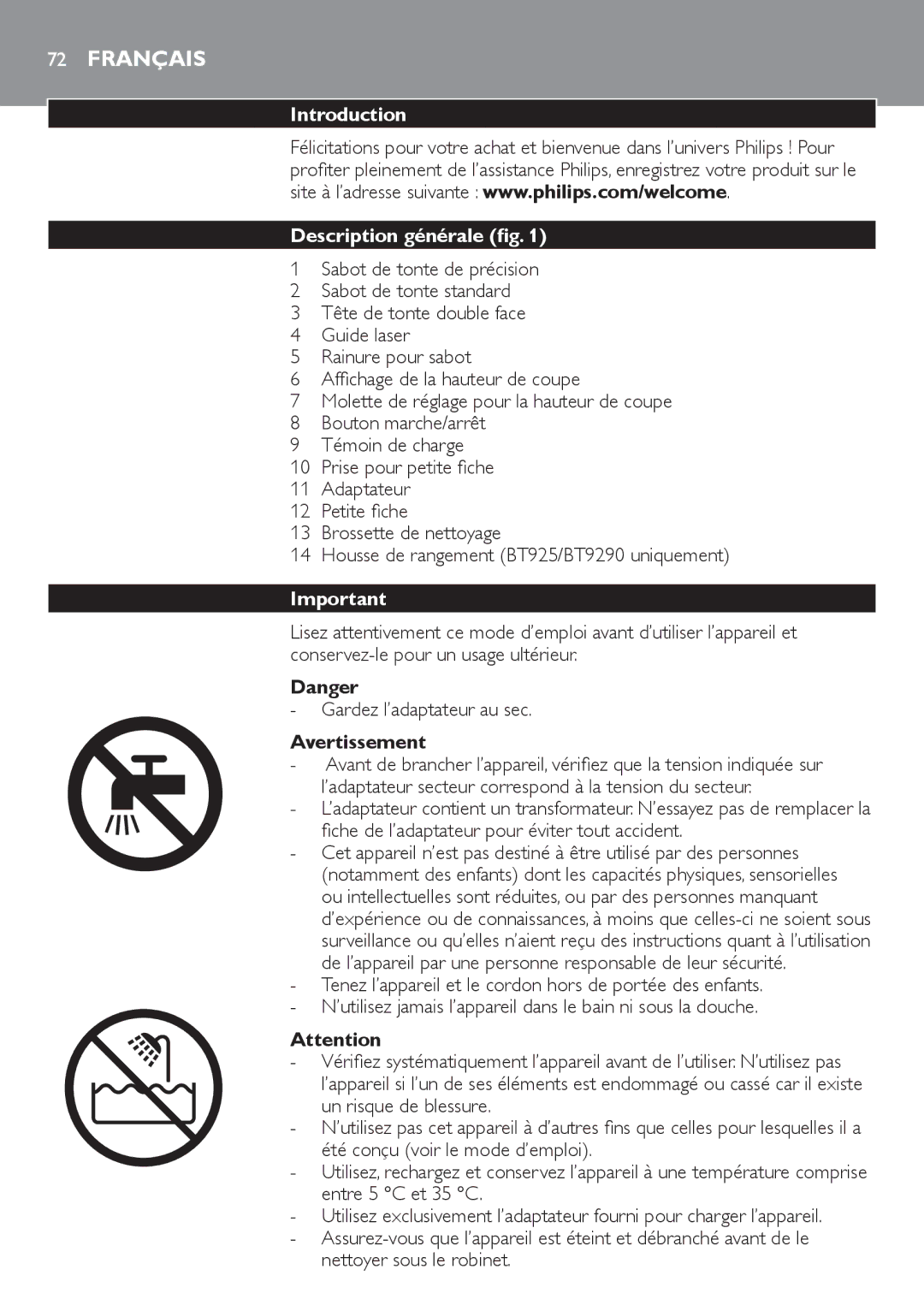 Philips BT9290, BT9280 user manual Français, Introduction Description générale, Avertissement, Nettoyer sous le robinet 