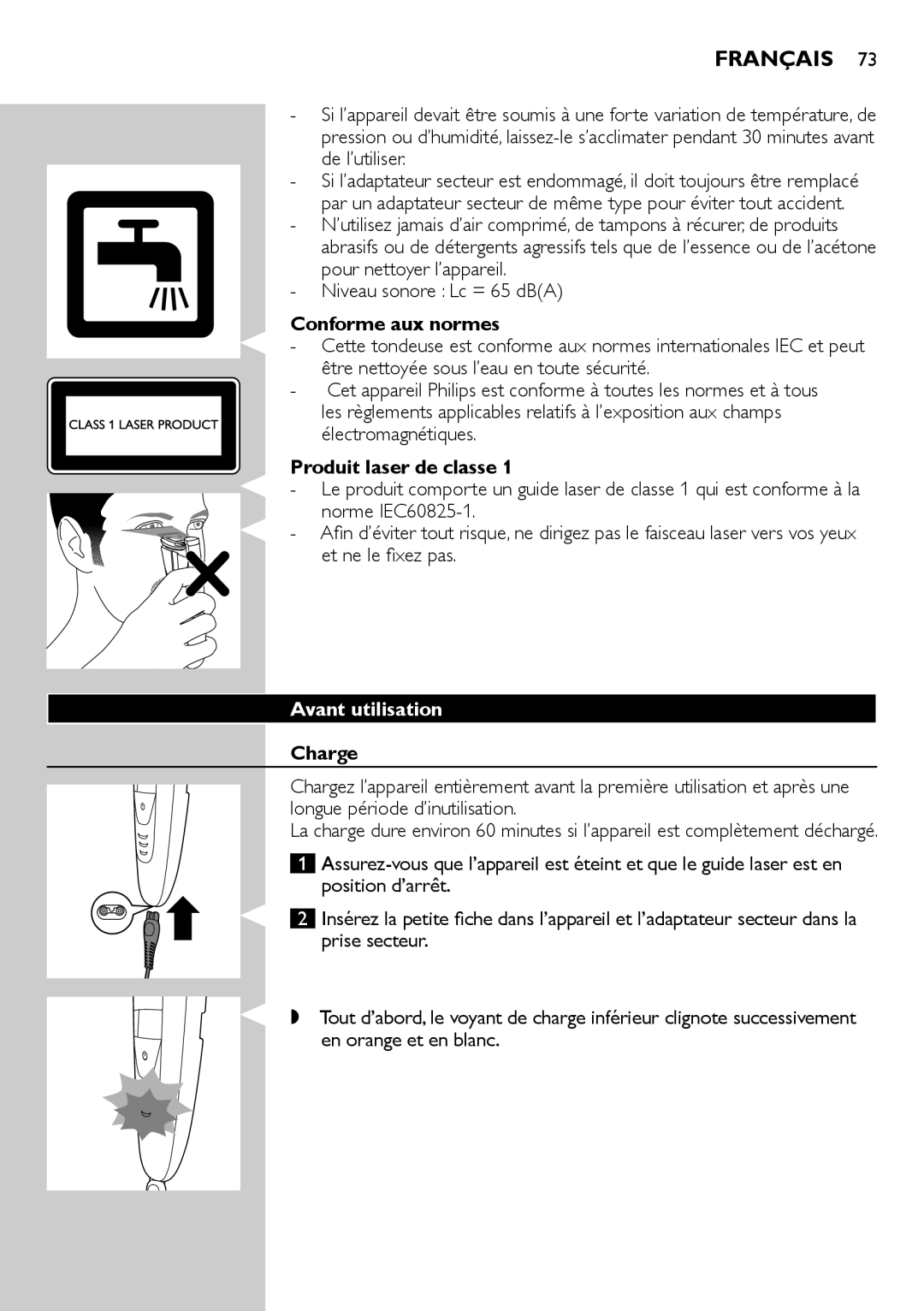 Philips BT9280, BT9290 user manual Français, Conforme aux normes, Produit laser de classe 1, Avant utilisation, Charge 