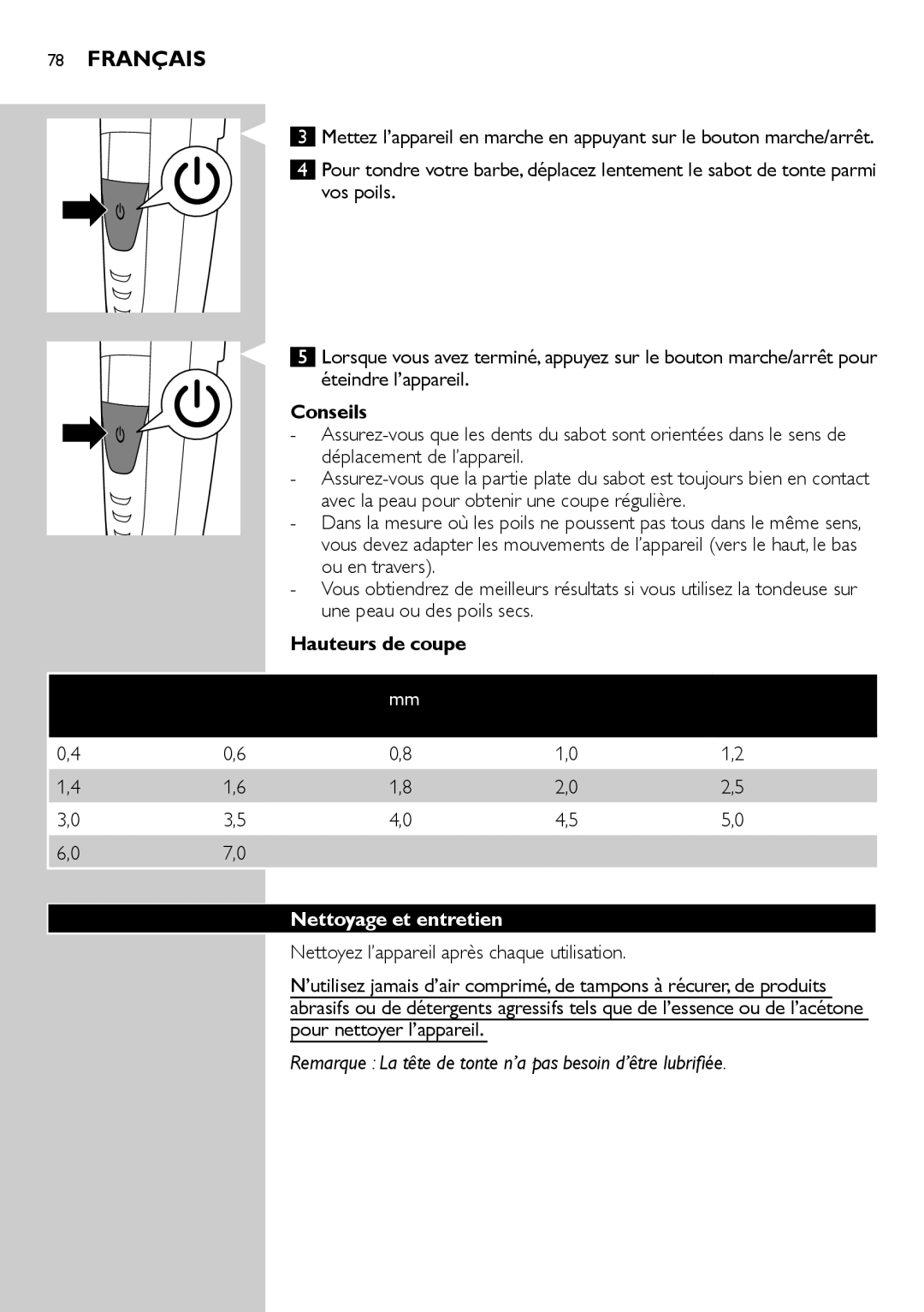 Philips BT9290 Conseils, Déplacement de l’appareil, Une peau ou des poils secs, Hauteurs de coupe, Nettoyage et entretien 