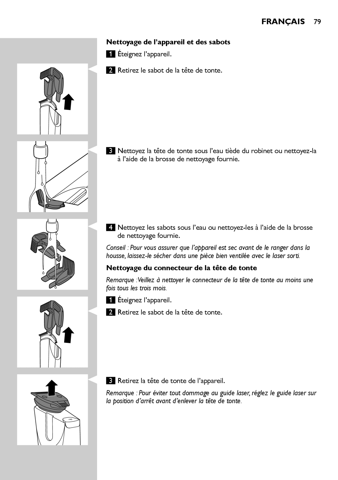 Philips BT9280, BT9290 user manual Nettoyage de l’appareil et des sabots, Nettoyage du connecteur de la tête de tonte 