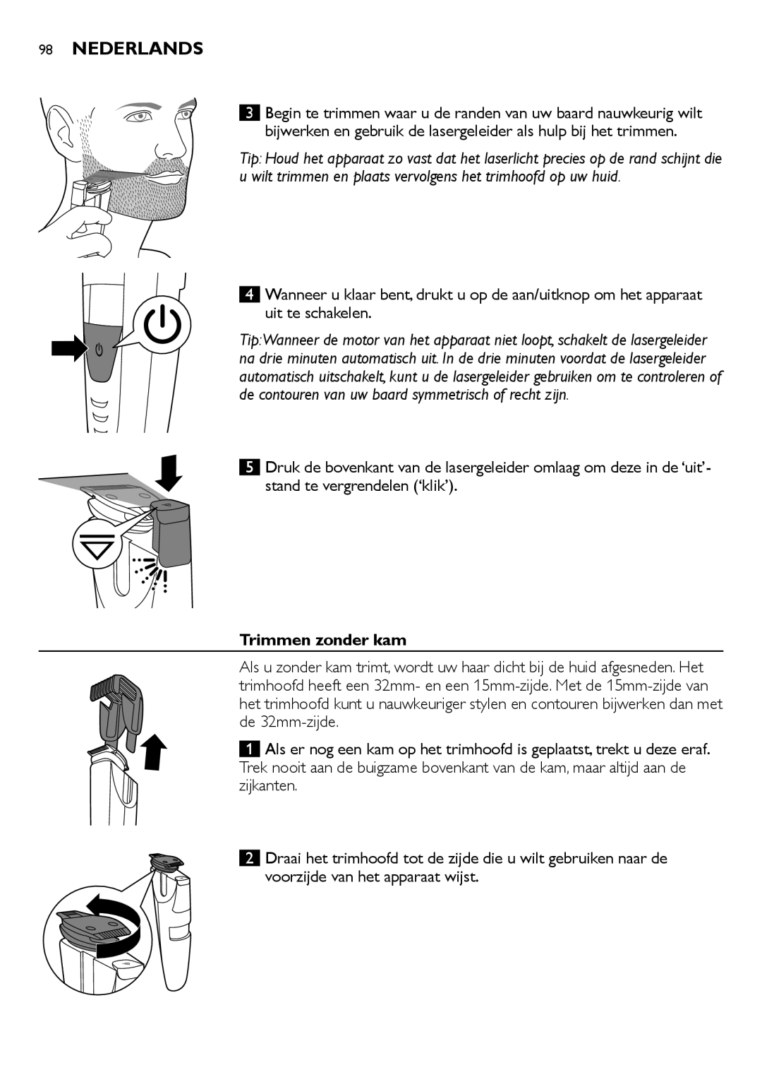 Philips BT9290, BT9280 user manual Stand te vergrendelen ‘klik’, Trimmen zonder kam 