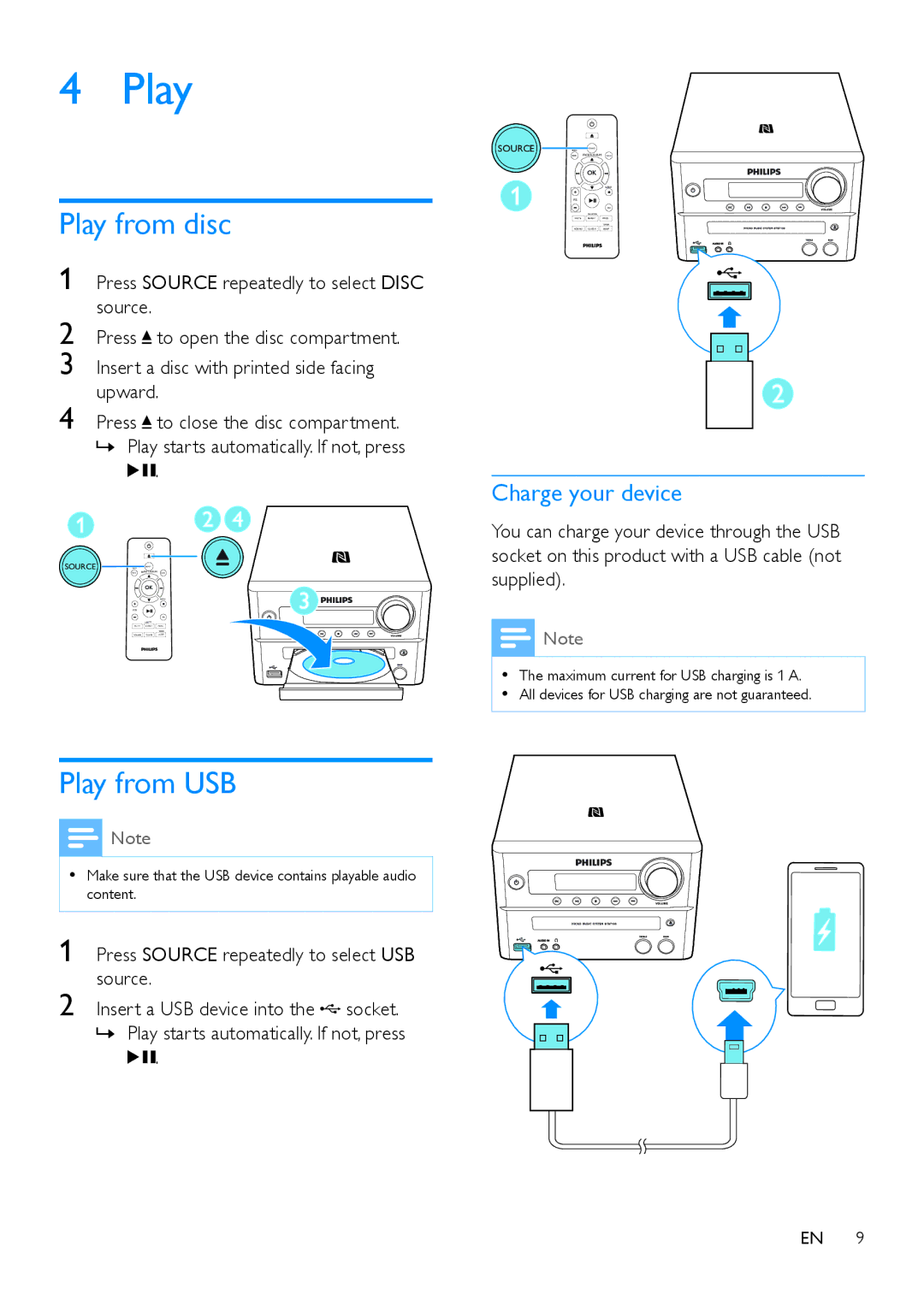 Philips BTB7150 Play from disc, Play from USB, Charge your device, Press Source repeatedly to select USB source 