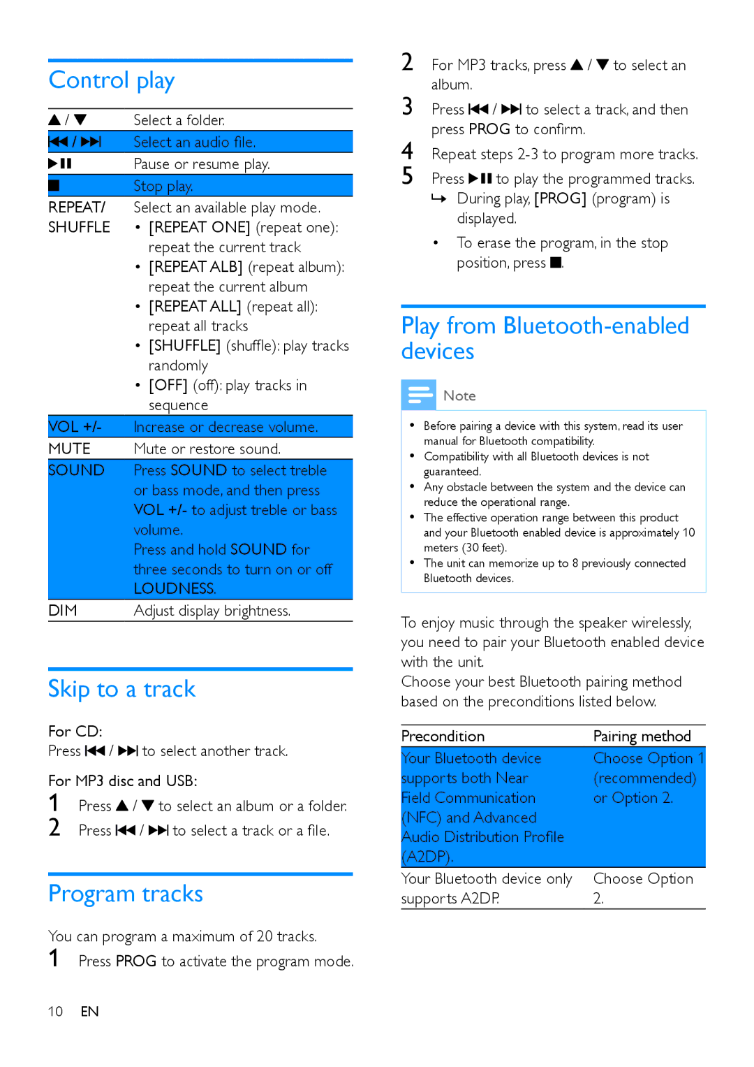 Philips BTB7150 user manual Control play, Skip to a track, Program tracks 