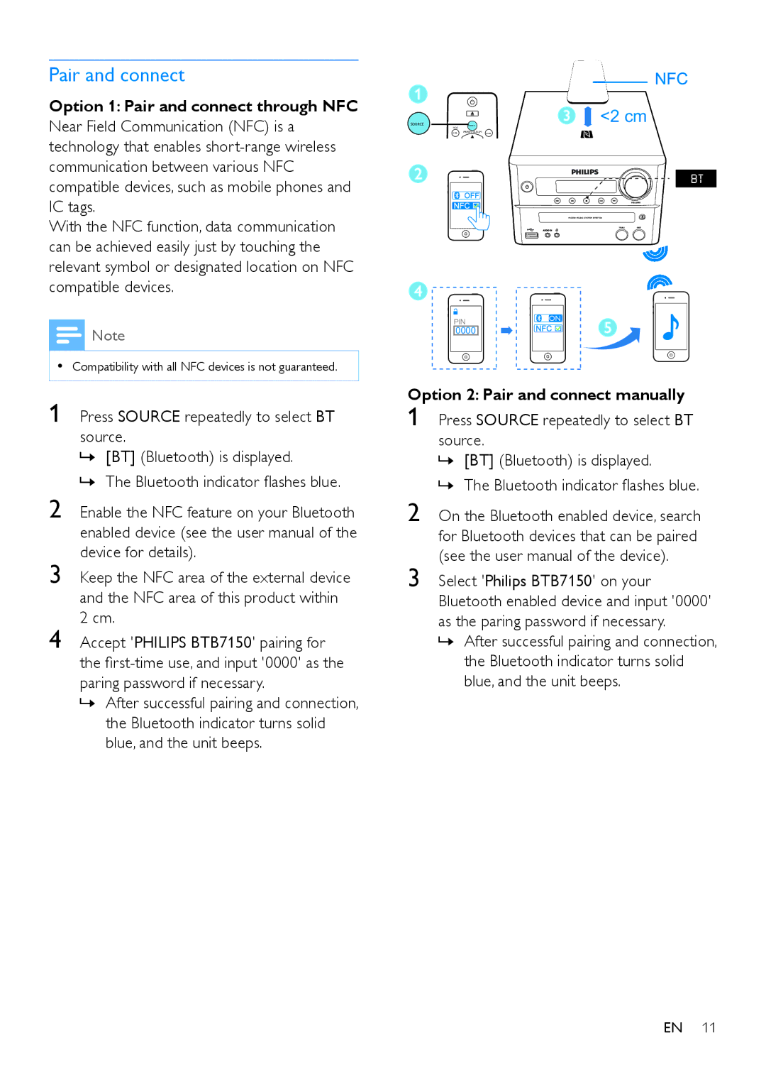 Philips BTB7150 user manual Option 2 Pair and connect manually 