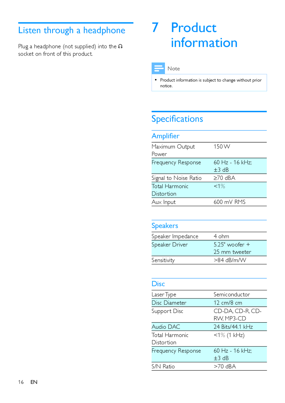 Philips BTB7150 user manual Product information, Listen through a headphone, Specifications 