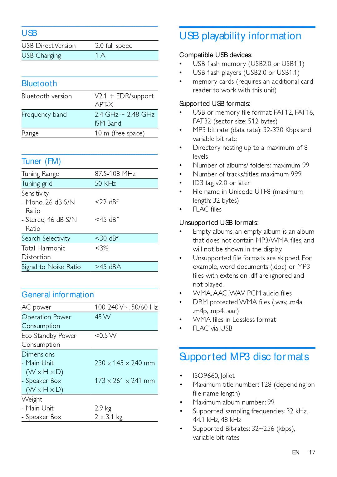 Philips BTB7150 USB playability information, Supported MP3 disc formats, Bluetooth, Tuner FM, General information 