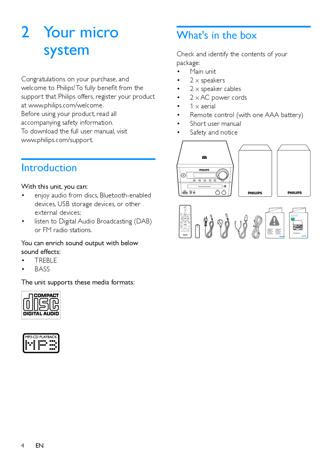 Philips BTB7150 Introduction, Whats in the box, With this unit, you can, Treble Bass, Unit supports these media formats 