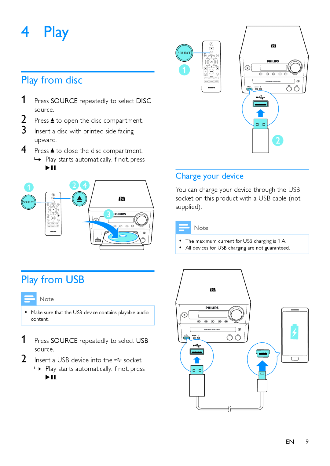 Philips BTB7150 user manual Play from disc, Play from USB, Charge your device 