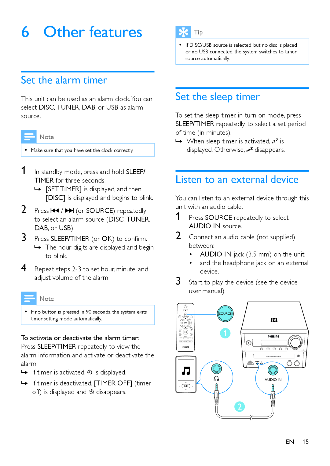 Philips BTB7150 user manual Other features, Set the alarm timer, Set the sleep timer, Listen to an external device 
