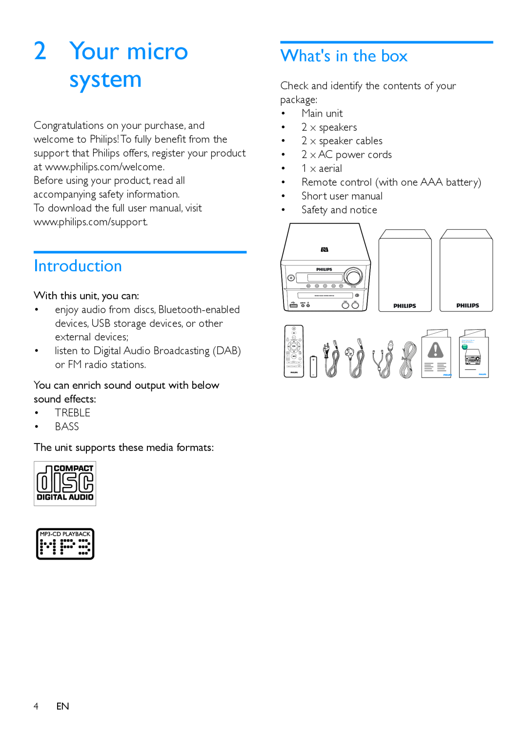 Philips BTB7150 user manual Introduction, Whats in the box, 2Your micro system 