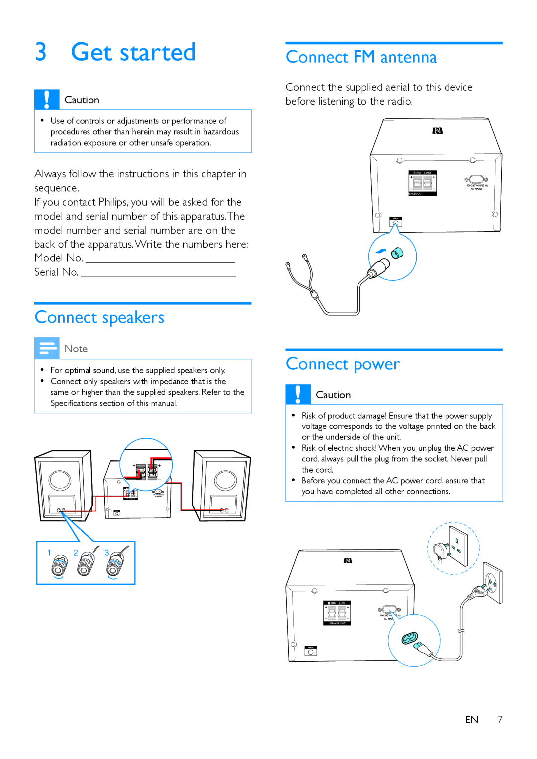 Philips BTB7150 user manual Get started, Connect speakers, Connect FM antenna, Connect power 