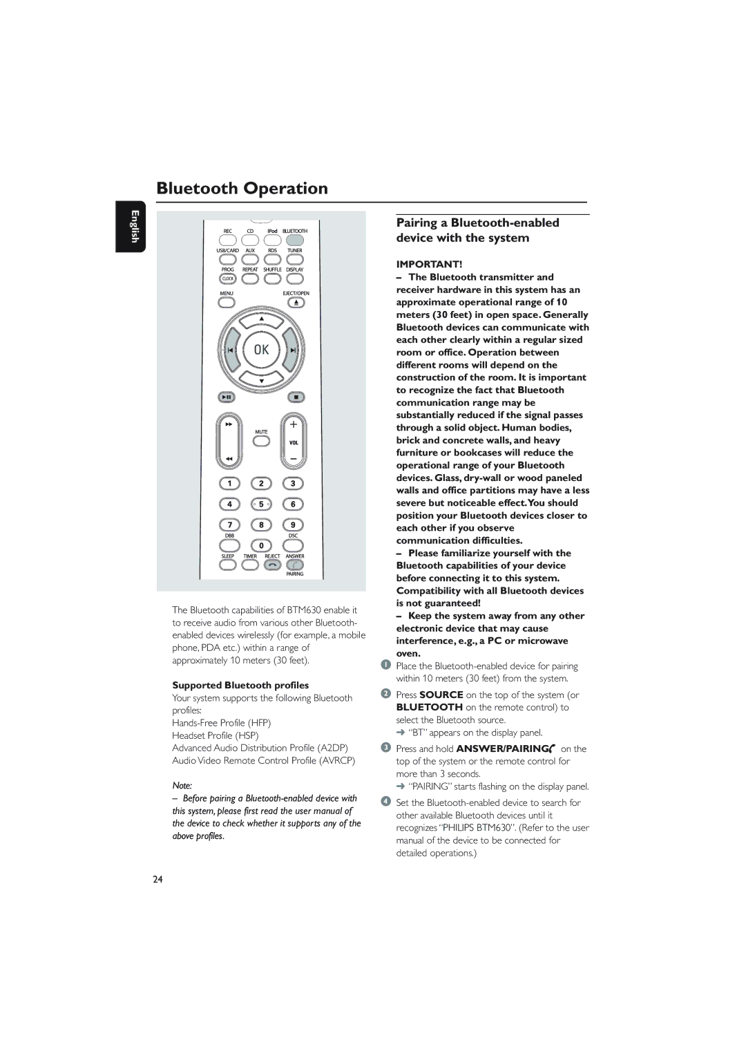 Philips BTM630 Bluetooth Operation, Pairing a Bluetooth-enabled device with the system, Supported Bluetooth profiles, Oven 