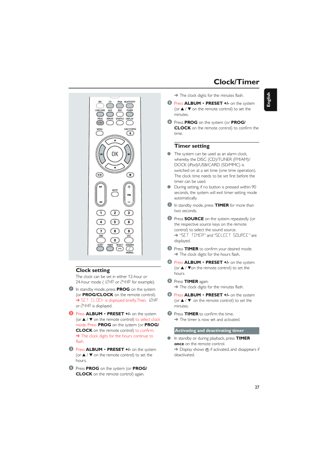 Philips BTM630 quick start Clock/Timer, Clock setting, Timer setting, Activating and deactivating timer 