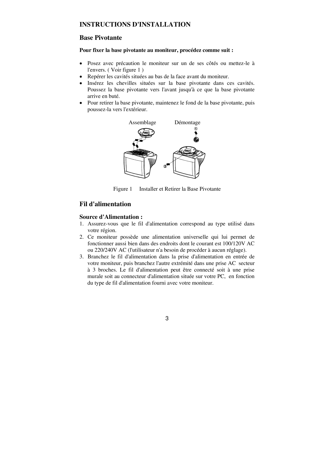 Philips BZ02 manual Instructions Dinstallation, Base Pivotante, Fil dalimentation, Source dAlimentation 