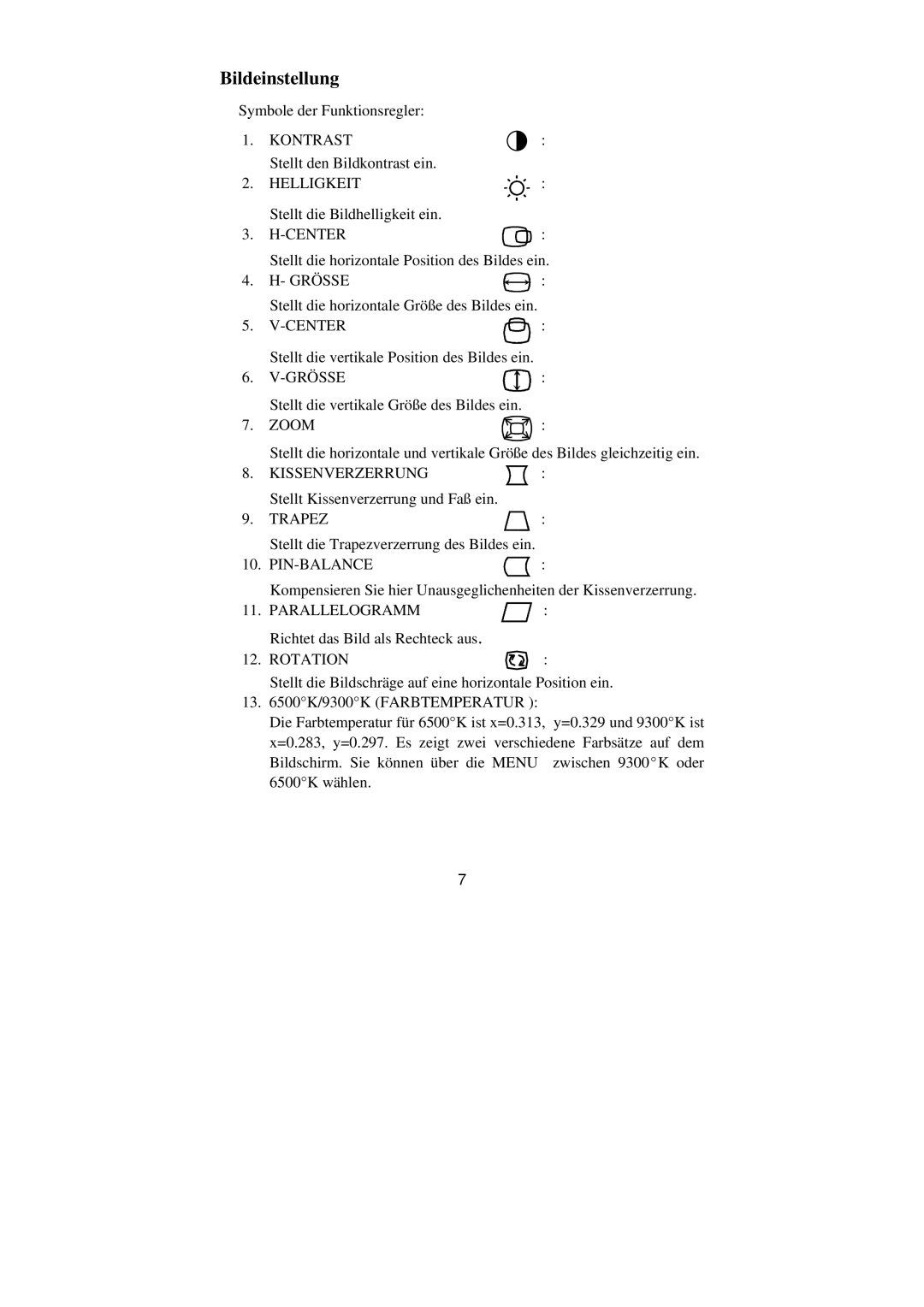 Philips BZ02 manual Bildeinstellung, Grösse, Kissenverzerrung, Trapez, Parallelogramm 