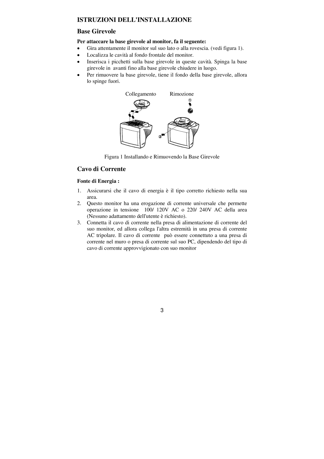 Philips BZ02 manual Istruzioni Dellinstallazione, Base Girevole, Cavo di Corrente 