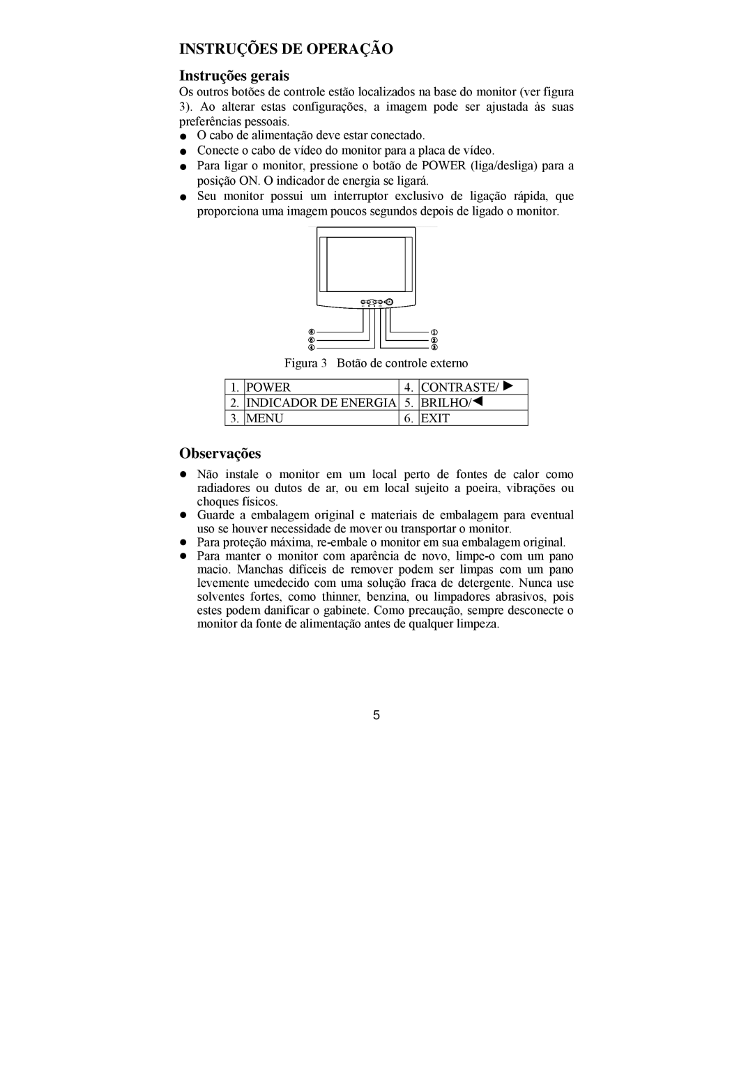 Philips BZ02 Instruções DE Operação, Instruções gerais, Observações, Power Contraste Indicador DE Energia Brilho Menu Exit 