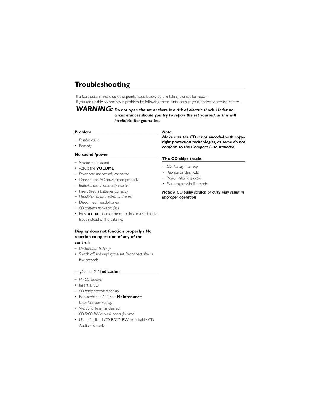 Philips C AZ1021N user manual Troubleshooting, Problem, No sound /power CD skips tracks, Er or 01 indication 