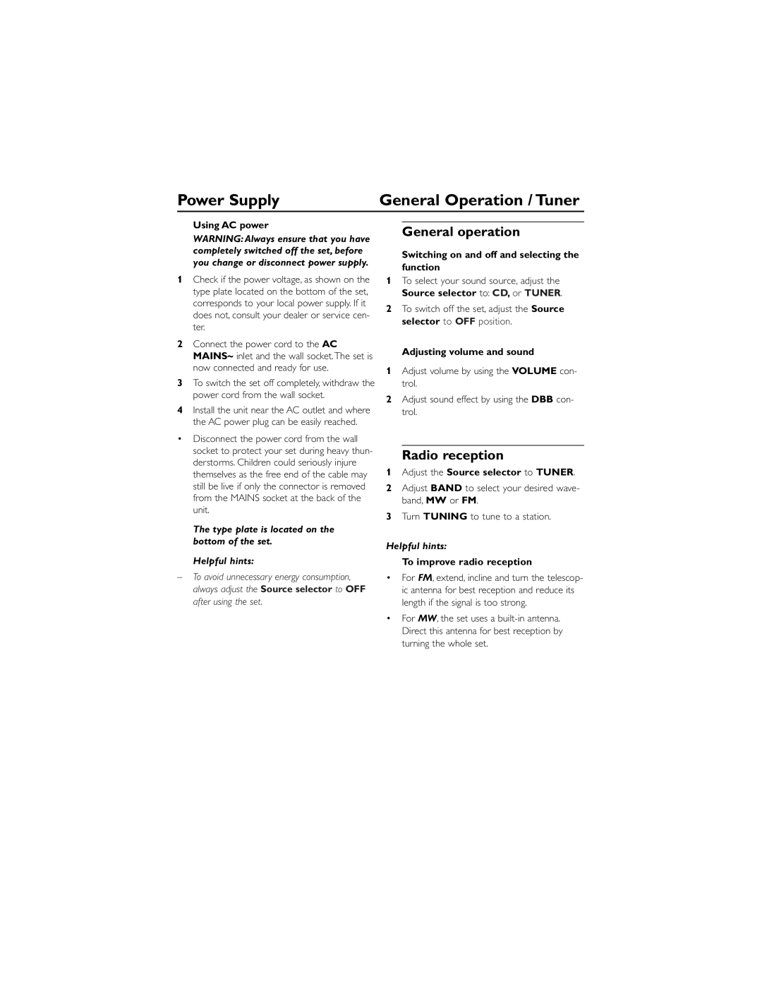 Philips C AZ1021N user manual Power Supply General Operation / Tuner, General operation, Radio reception 