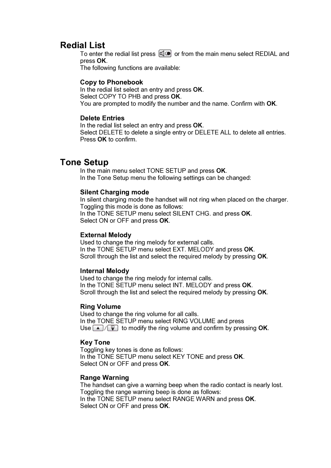 Philips C124 manual Redial List, Tone Setup 