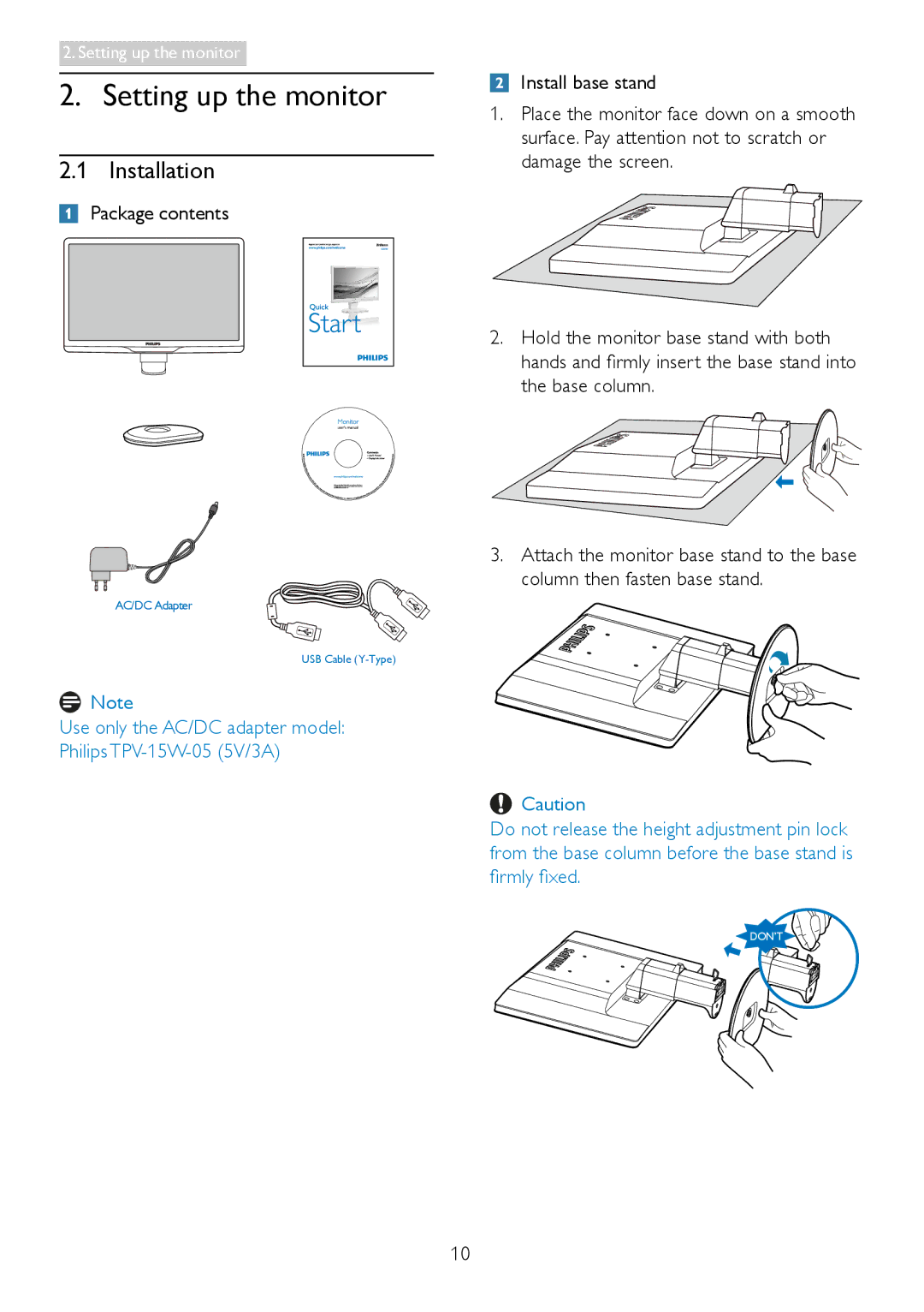 Philips C221S3 user manual Setting up the monitor, Installation, Package contents 