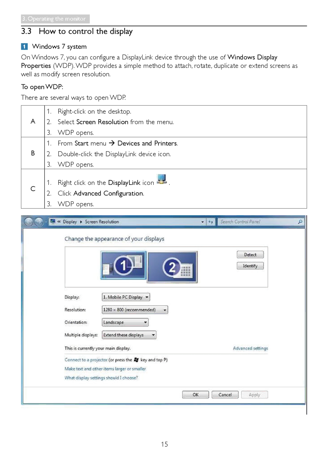 Philips C221S3 user manual How to control the display, Click Advanced Configuration WDP opens 