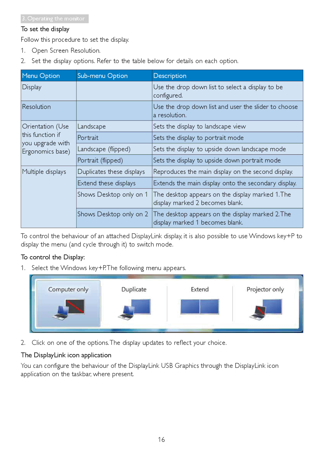 Philips C221S3 user manual Menu Option Sub-menu Option Description, Extend these displays, Display marked 2 becomes blank 