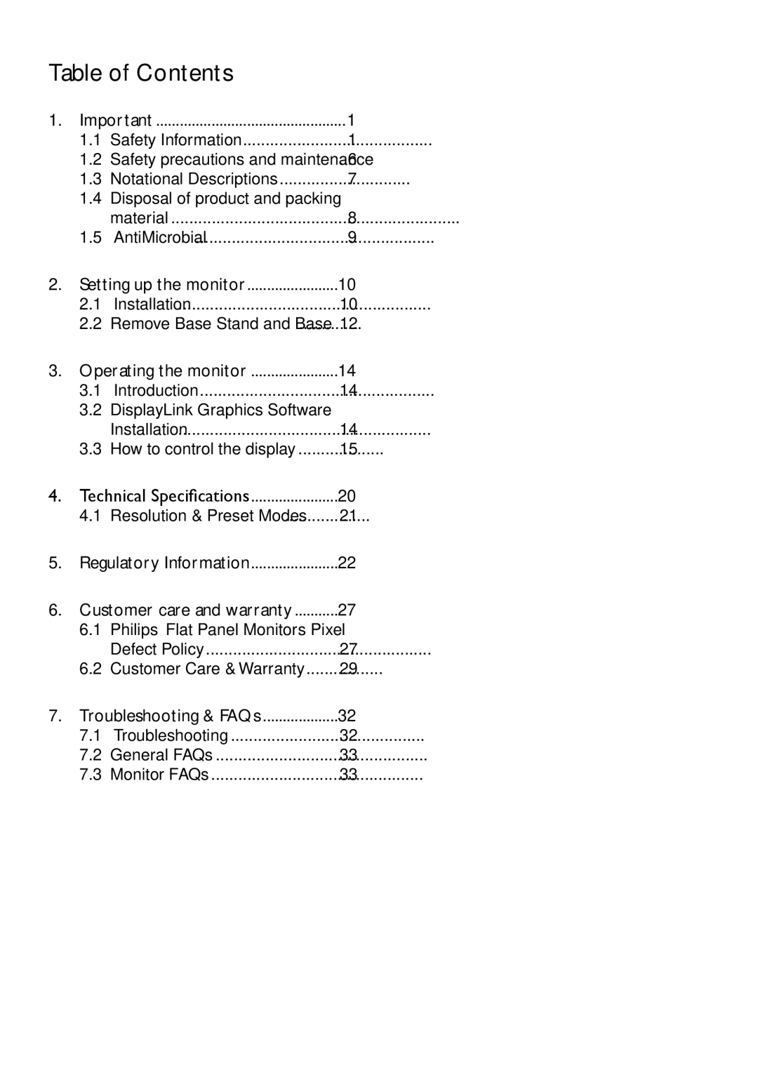 Philips C221S3 user manual Table of Contents 