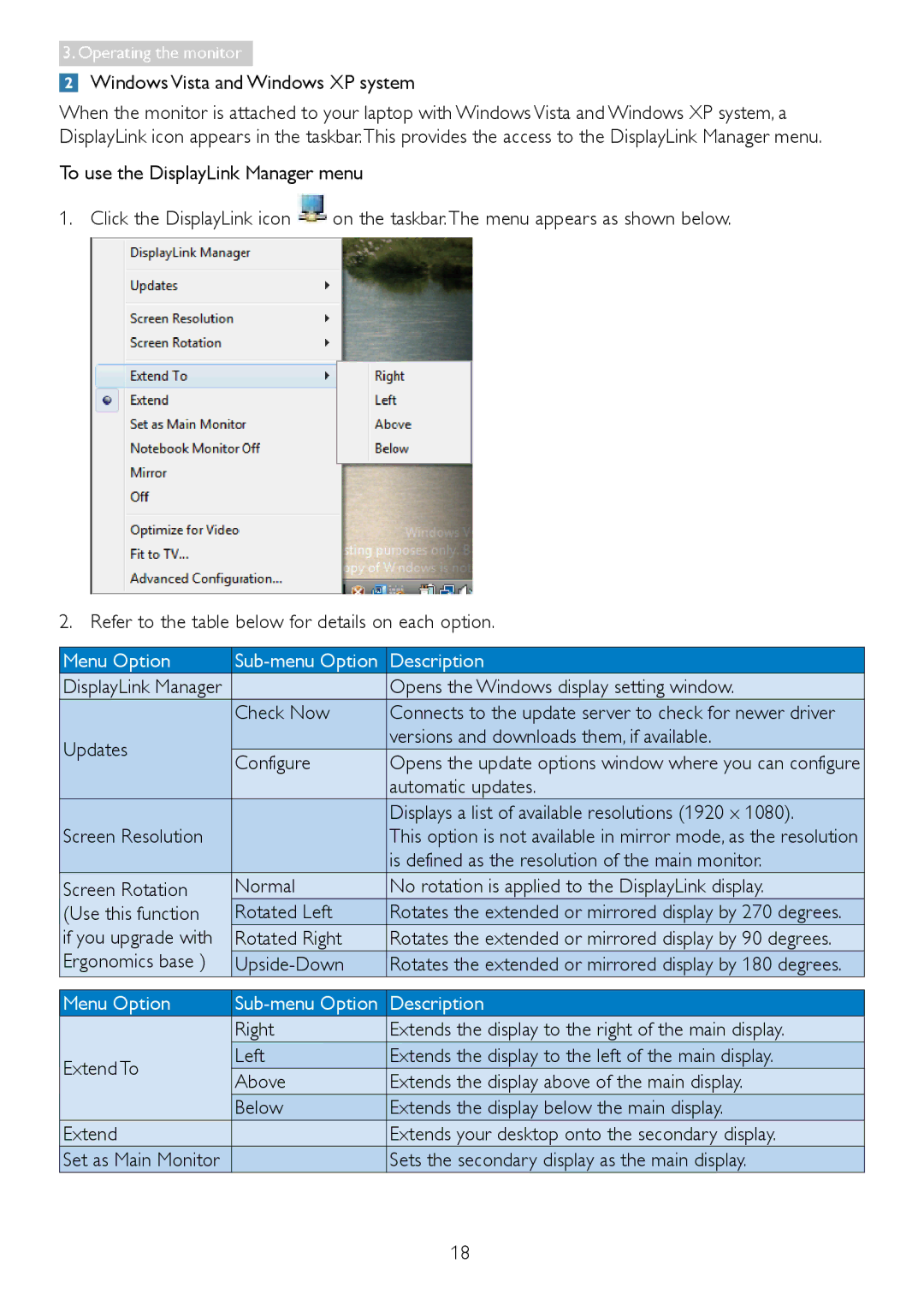 Philips C221S3 user manual Menu Option 