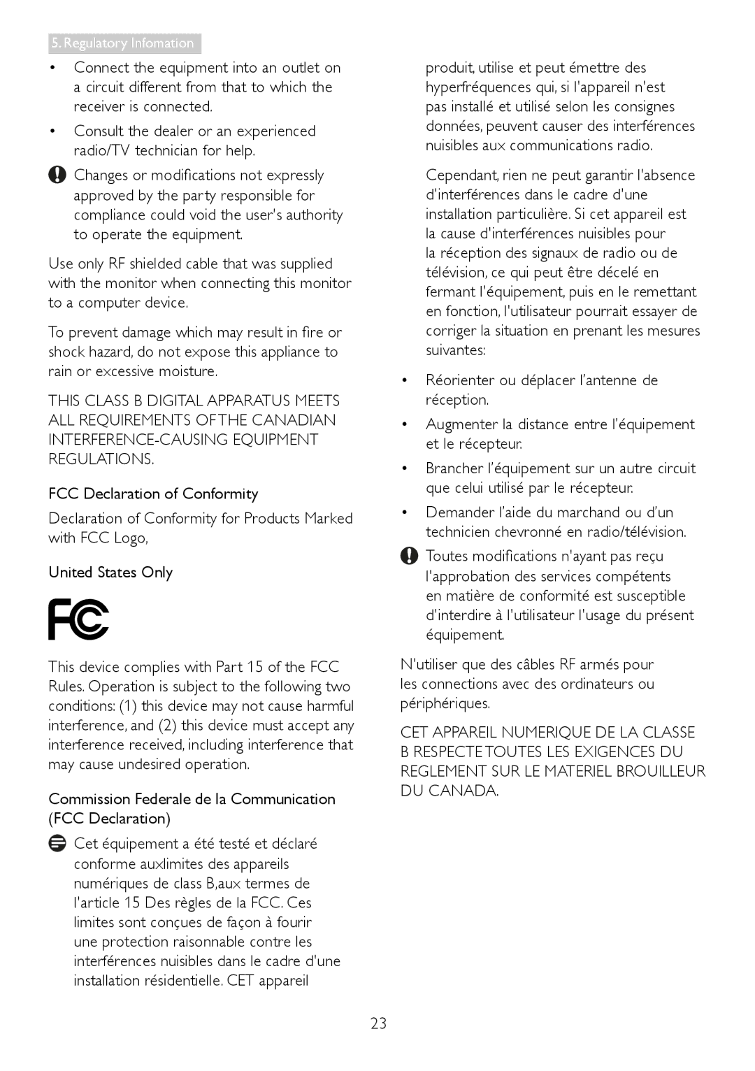 Philips C221S3 user manual Commission Federale de la Communication FCC Declaration 