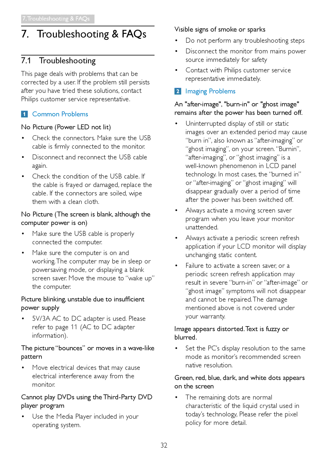 Philips C221S3 user manual Troubleshooting, No Picture Power LED not lit, Disconnect and reconnect the USB cable again 