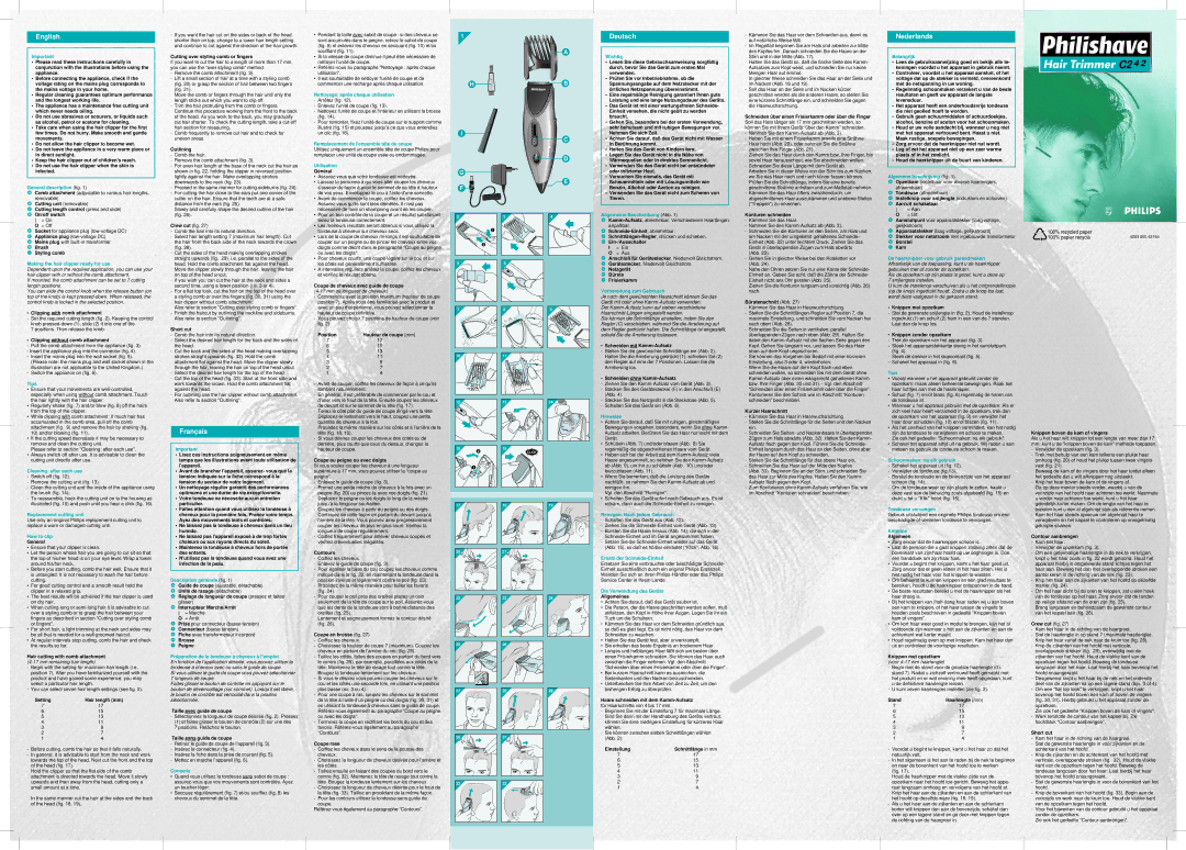 Philips C242 manual General description fig, Making the hair clipper ready for use, Tips, Cleaning after each use, Wichtig 