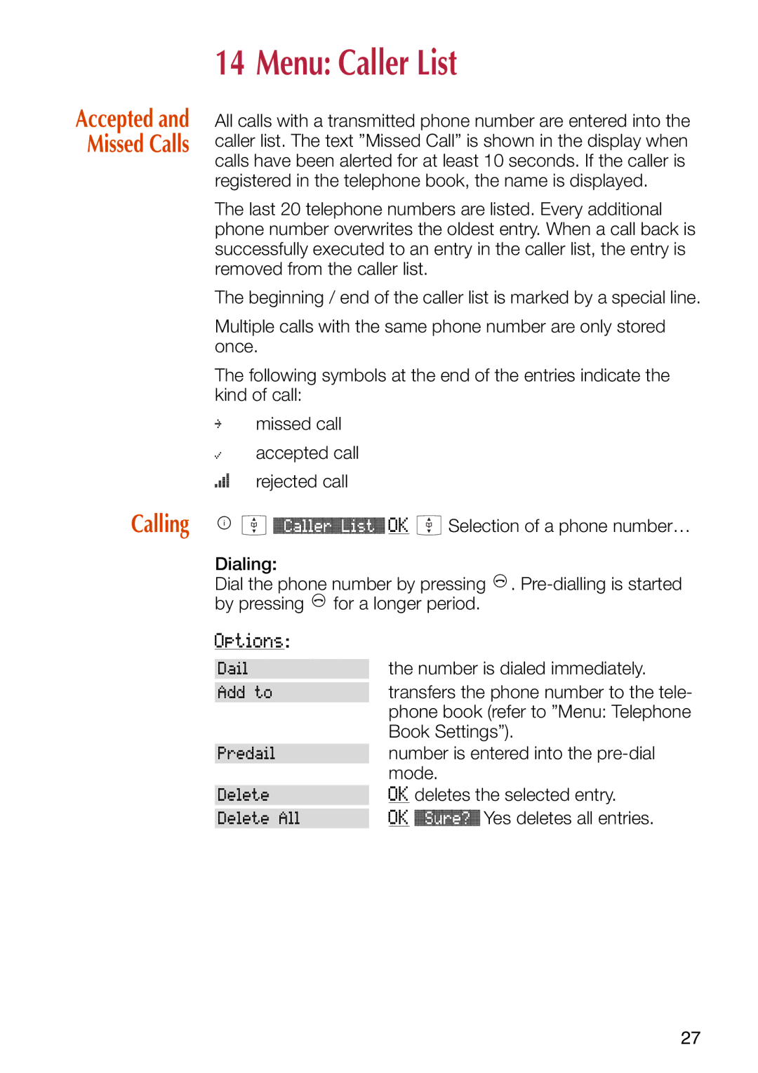 Philips C244 manual Menu Caller List, Calling 