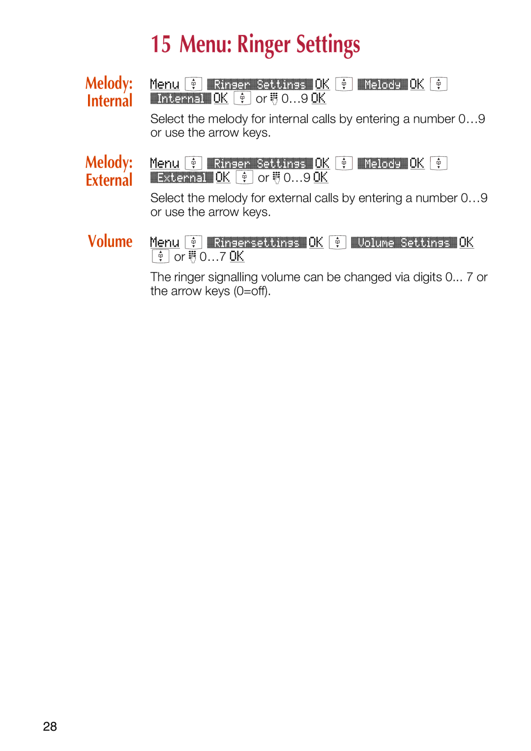 Philips C244 manual Menu Ringer Settings, Volume, Melody Internal Melody External 