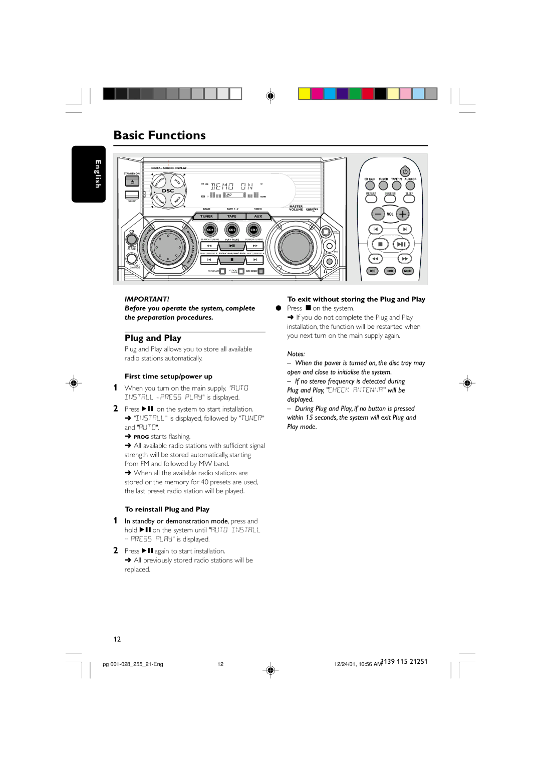 Philips C255 manual Basic Functions, To exit without storing the Plug and Play, First time setup/power up 