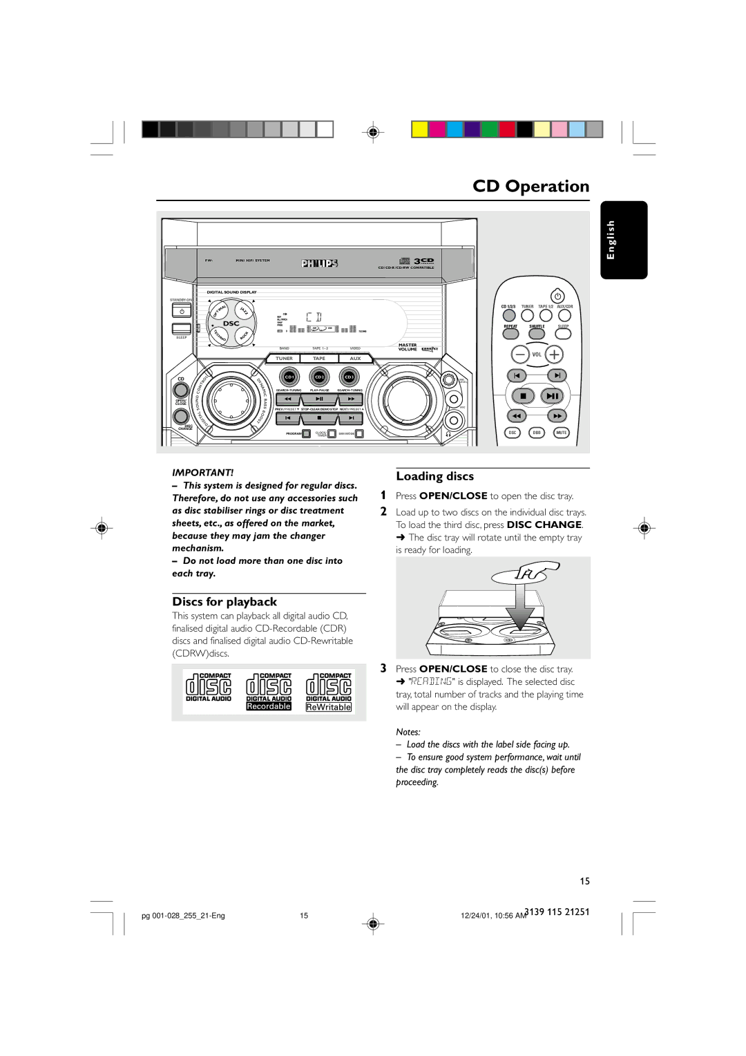 Philips C255 manual CD Operation, Discs for playback, 3139 115 