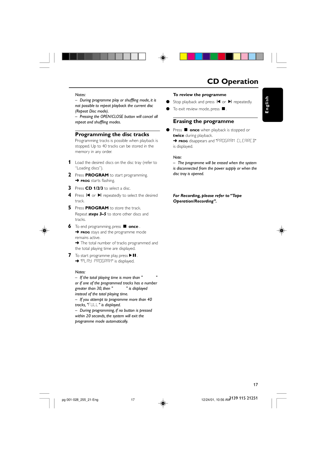 Philips C255 manual Programming the disc tracks, Erasing the programme, To review the programme 