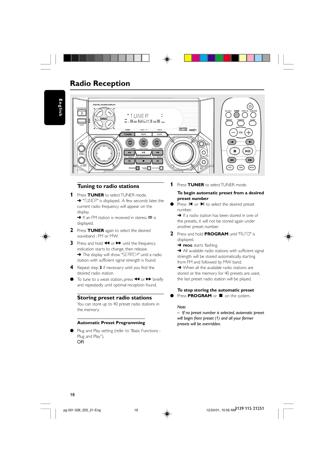 Philips C255 manual Radio Reception, Tuning to radio stations, Storing preset radio stations 