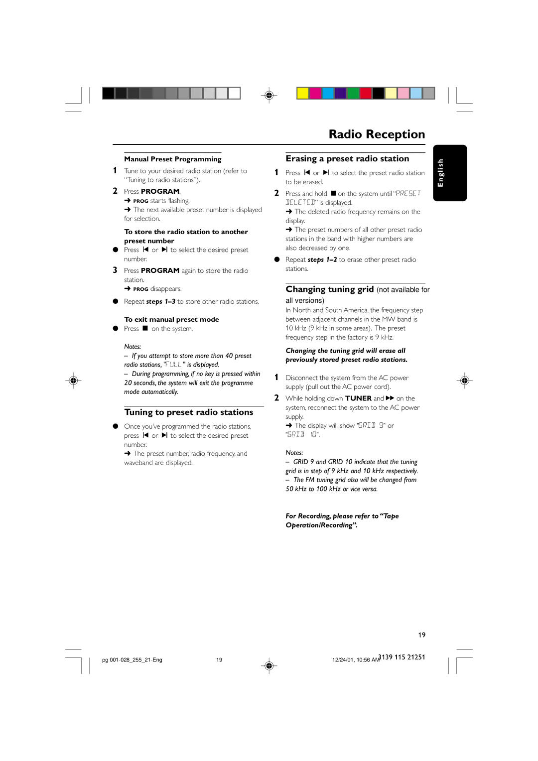 Philips C255 manual Tuning to preset radio stations, Erasing a preset radio station, Changing tuning grid not available for 