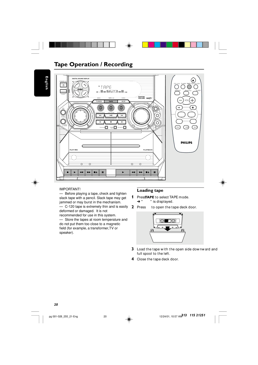 Philips C255 manual Tape Operation / Recording, Loading tape 