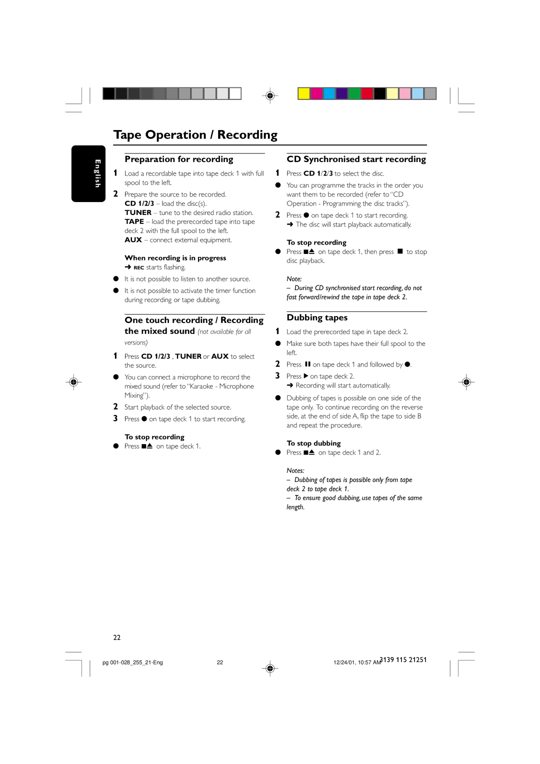 Philips C255 manual Preparation for recording, CD Synchronised start recording, Dubbing tapes 