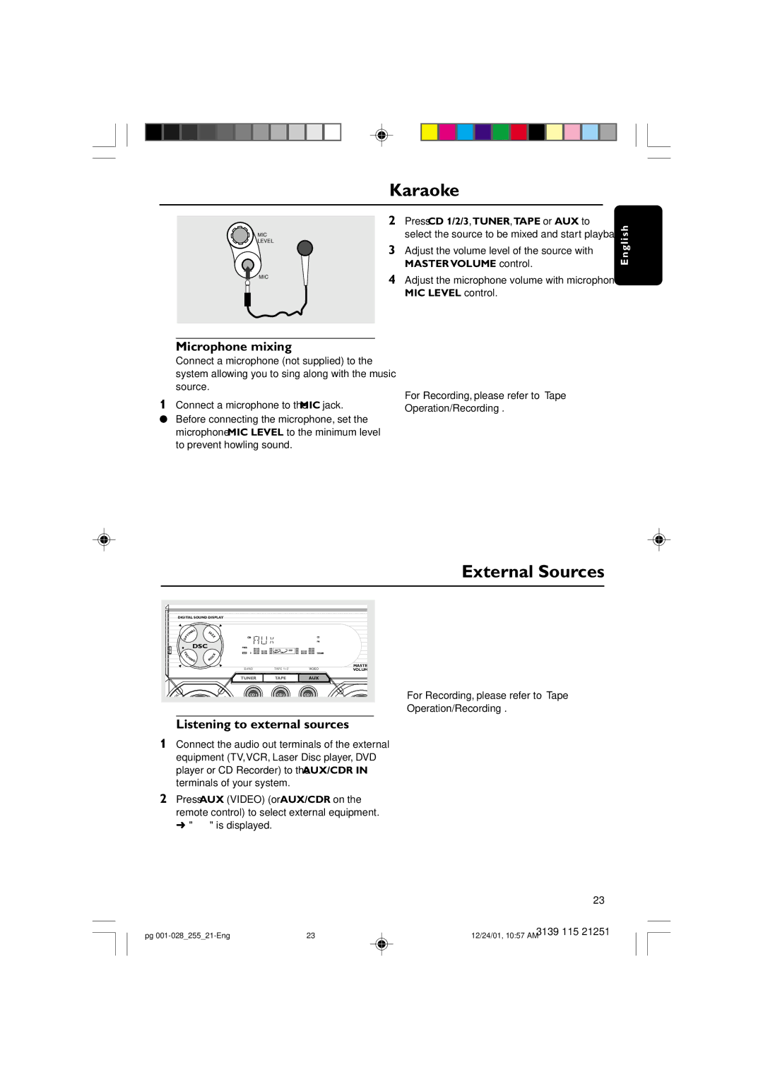 Philips C255 manual External Sources, Microphone mixing, Listening to external sources 