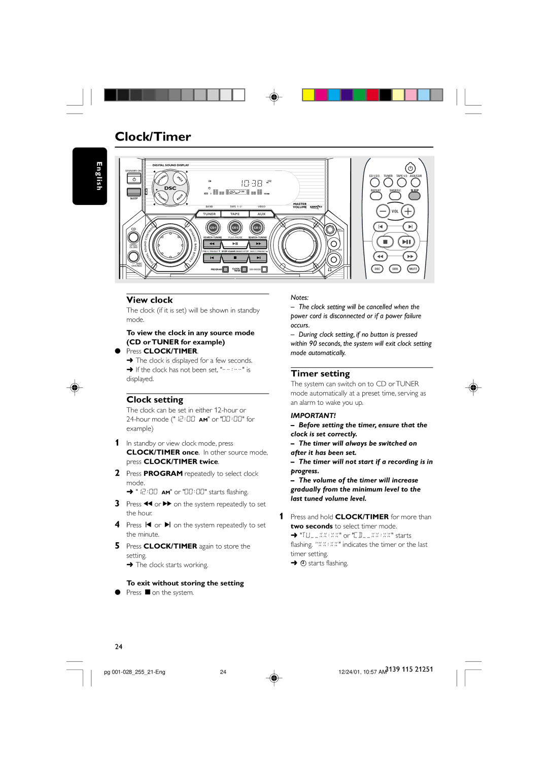 Philips C255 manual Timer setting, Clock setting, Press CLOCK/TIMER twice, To exit without storing the setting 