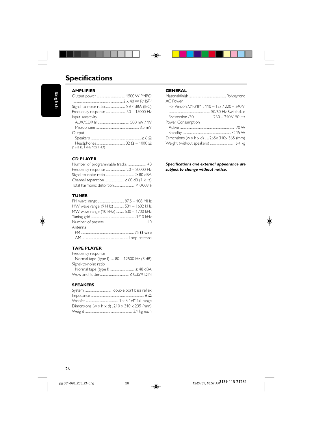 Philips C255 manual Specifications 