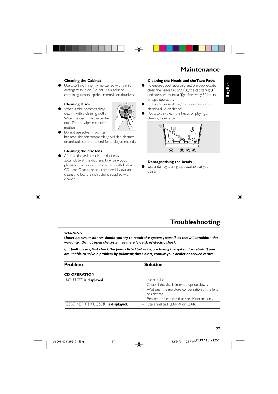 Philips C255 manual Maintenance, Troubleshooting, Problem Solution, CD Operation 