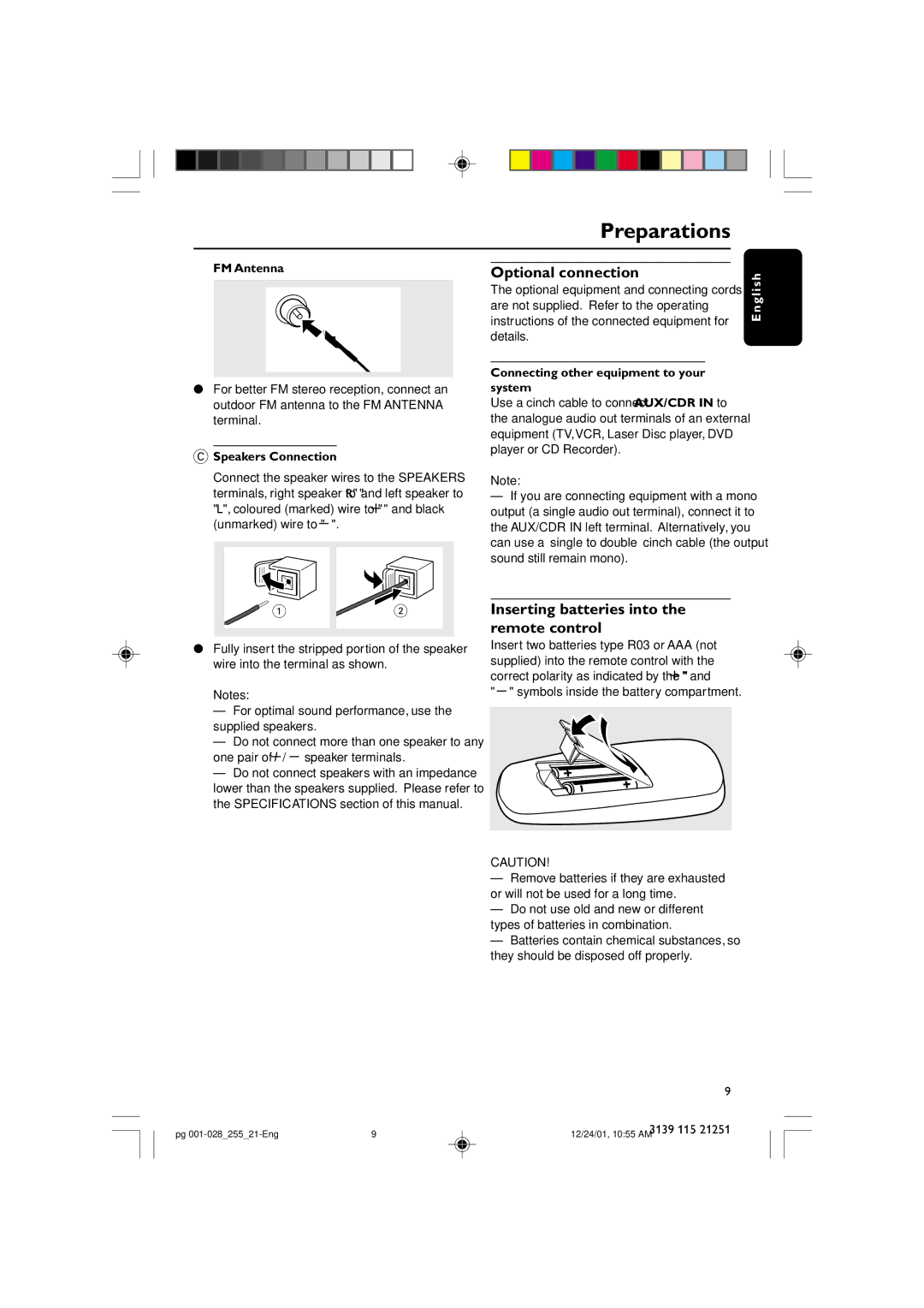 Philips C255 manual Optional connection, Inserting batteries into the remote control, FM Antenna, Speakers Connection 