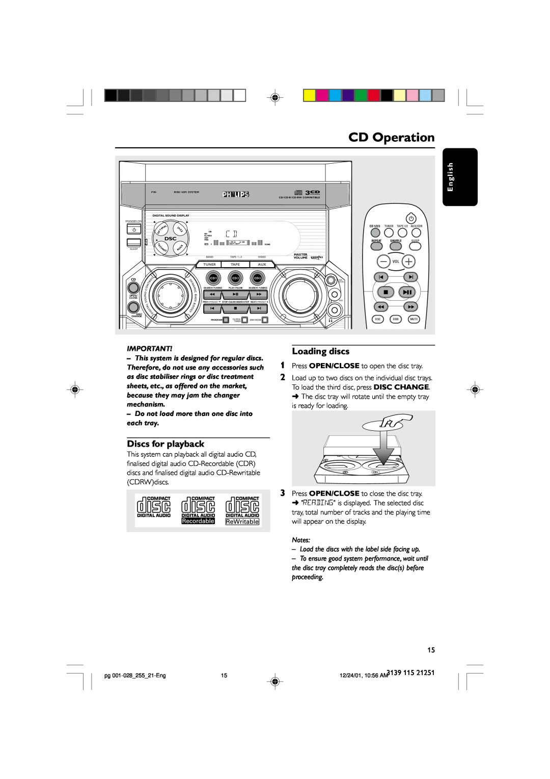 Philips C255 CD Operation, Loading discs, English, Press OPEN/CLOSE to open the disc tray, mechanism, is ready for loading 