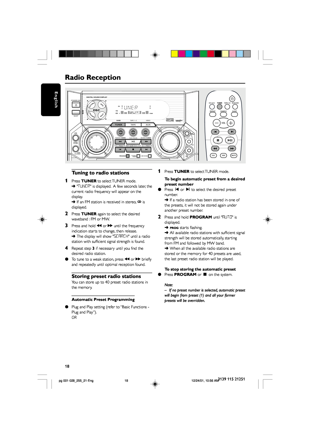 Philips C255 manual Radio Reception, preset number, To stop storing the automatic preset, Automatic Preset Programming 